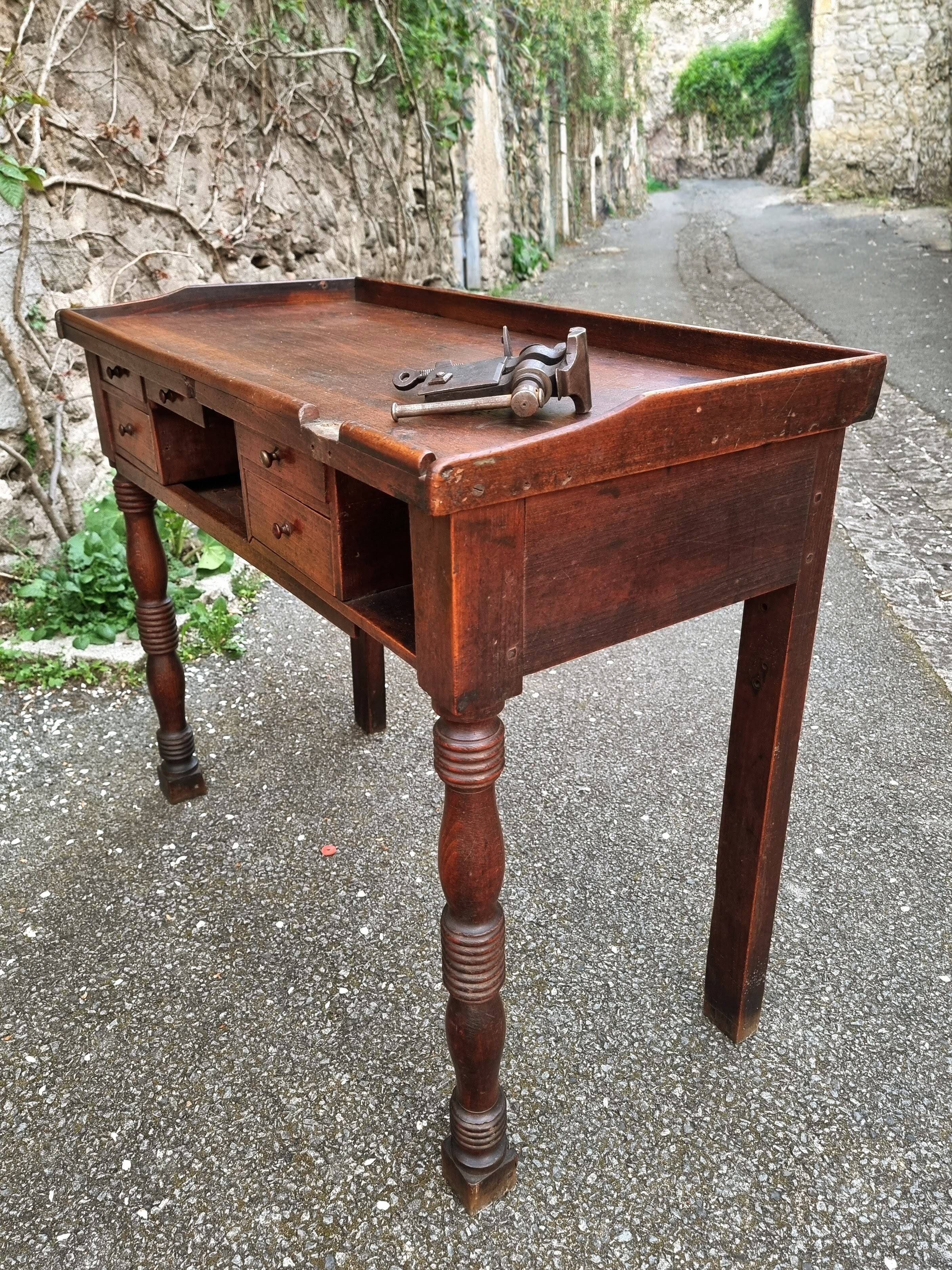 French antique watchmaker's bench – Table with drawers, vice, and original sliding leather surface – circa 1900