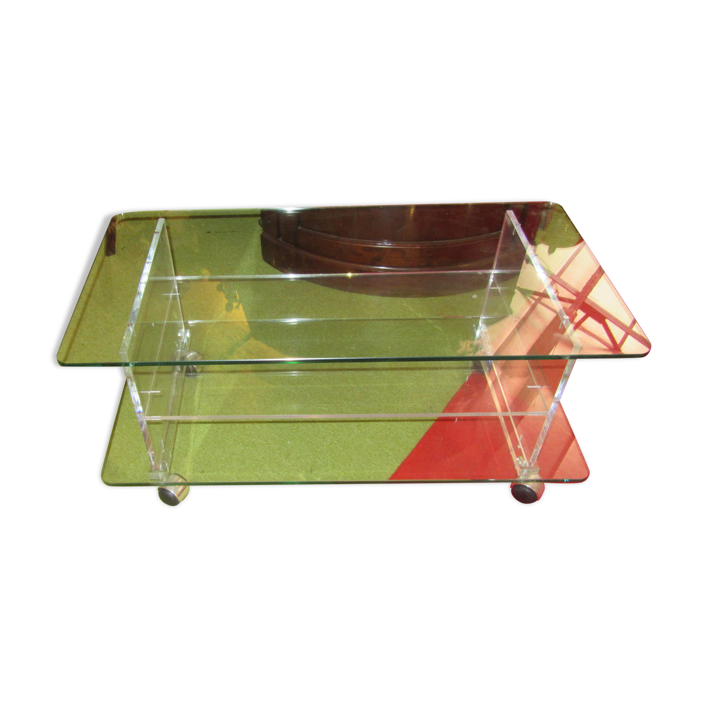 vintage glass coffee table with plexiglass legs