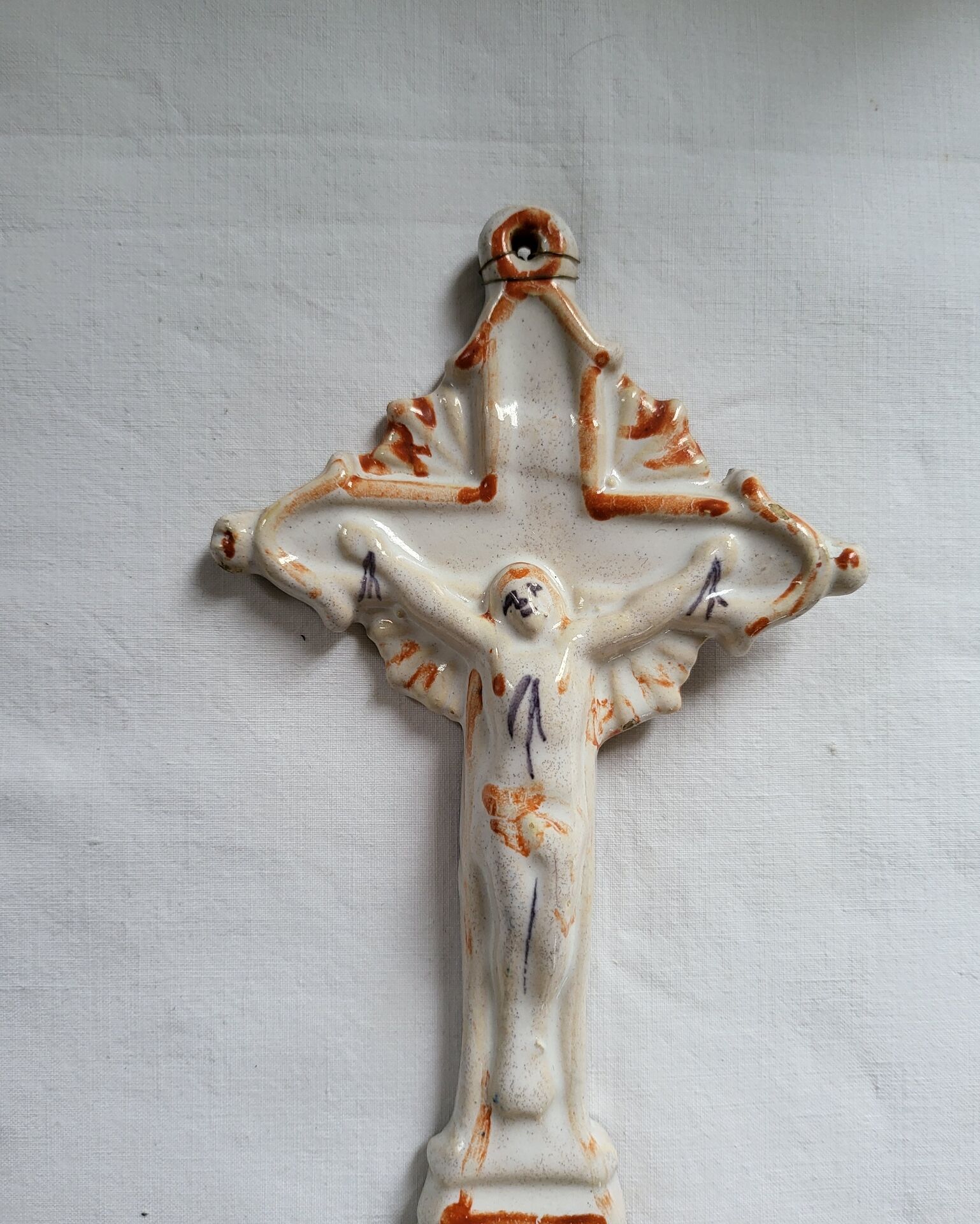 Old Faience Baptismal Font Cross Jesus Christ JHS