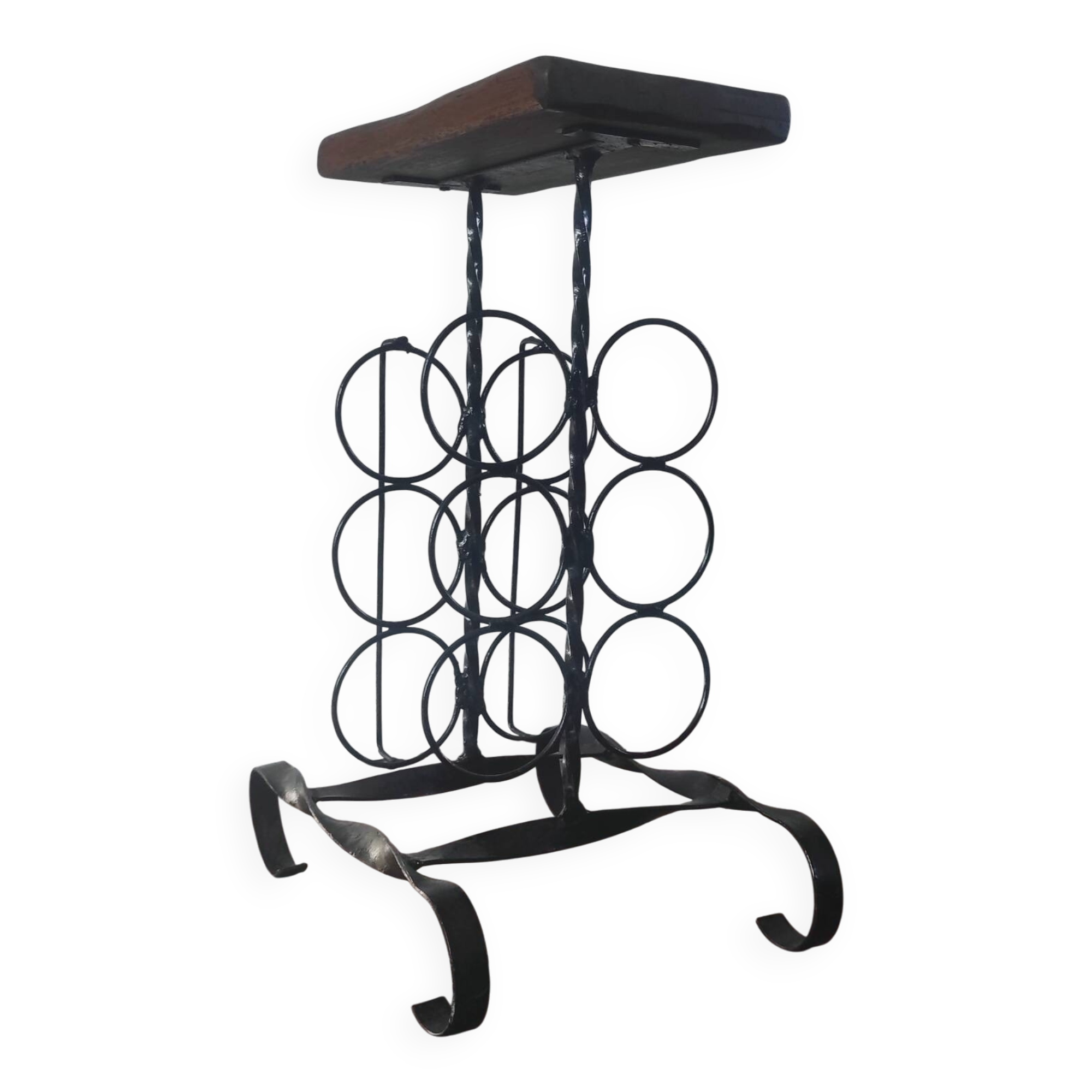 Side table, brutalist bottle holder in wrought iron and solid wood.