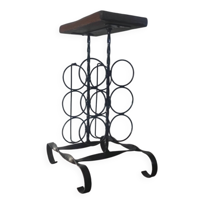 Table d'appoint, porte-bouteilles brutaliste en fer forgé et bois mass