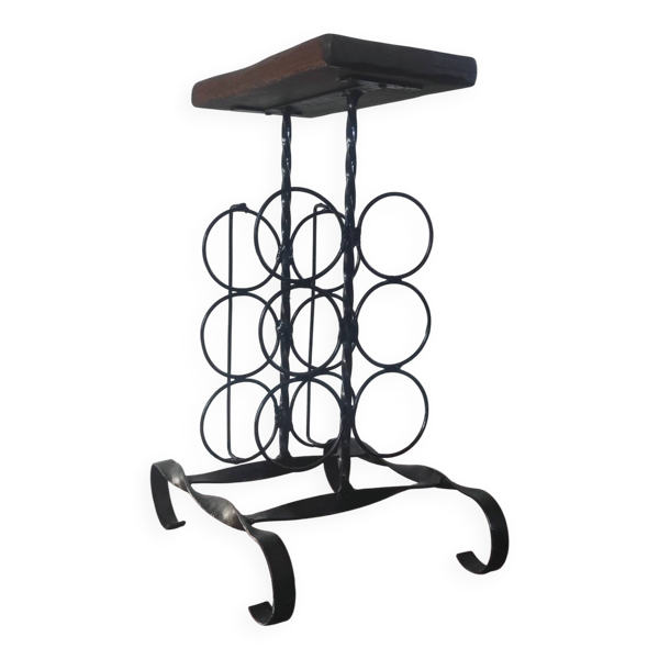 Table d'appoint, porte-bouteilles brutaliste en fer forgé et bois mass