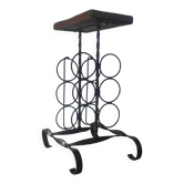 Table d'appoint, porte-bouteilles brutaliste en fer forgé et bois mass