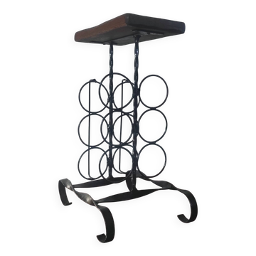 Side table, brutalist bottle holder in wrought iron and solid wood.
