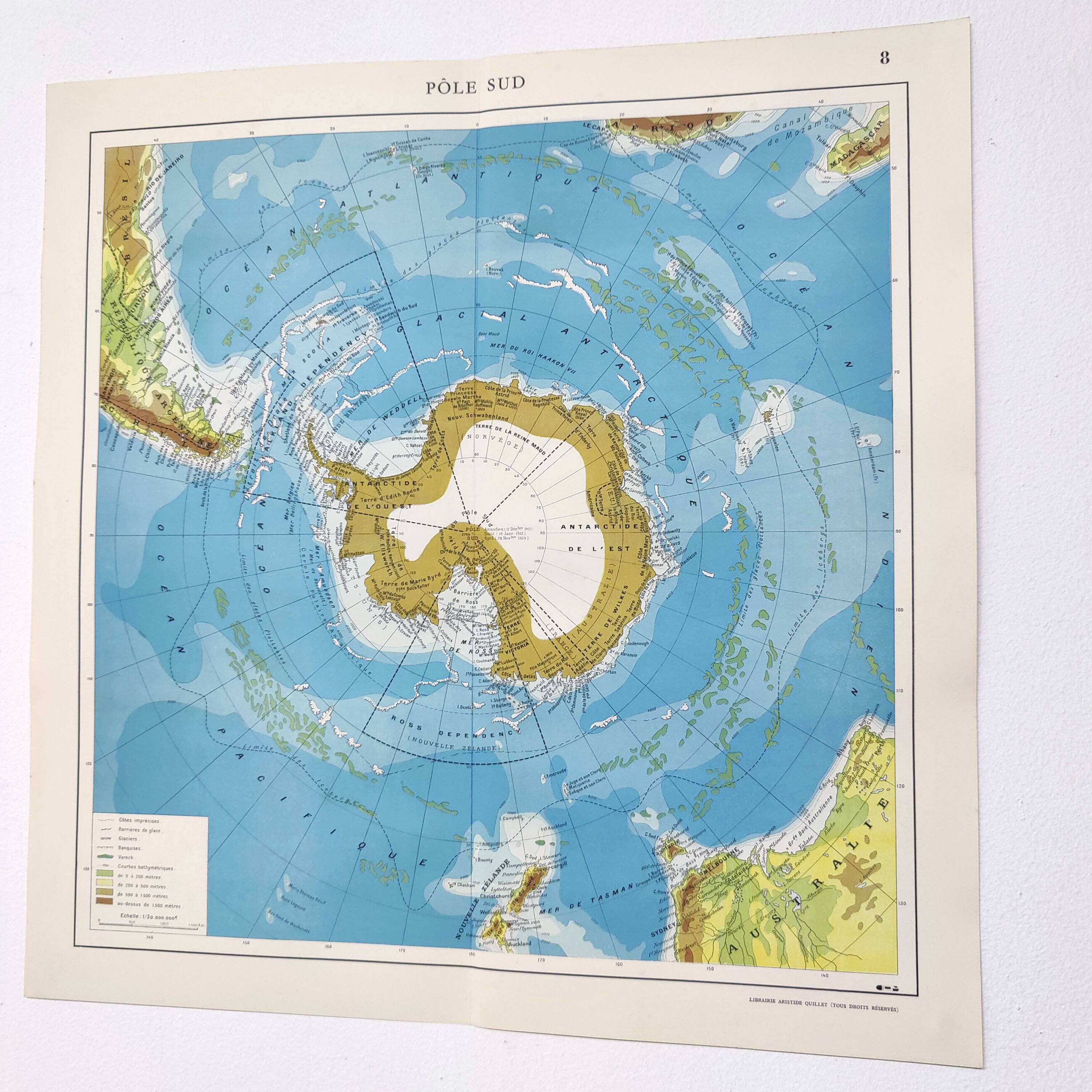 Carte Pôle Sud Antarctique vintage de 1950