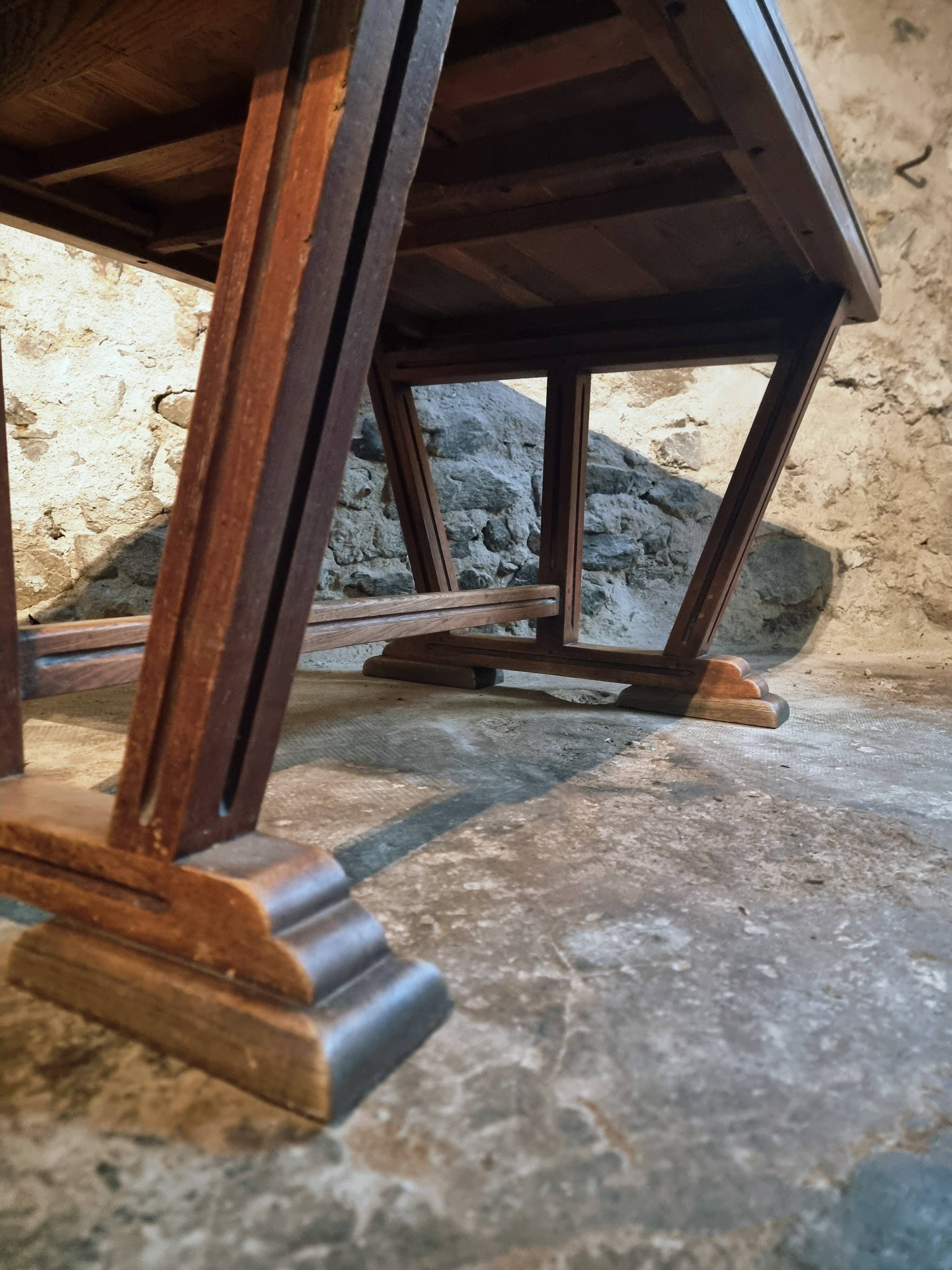 French vintage table in solid oak, Arts & Crafts style, 1930s–1940s.