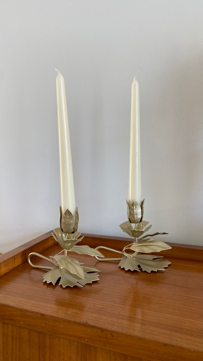 Pair of vintage flower candle holders in gold painted metal
