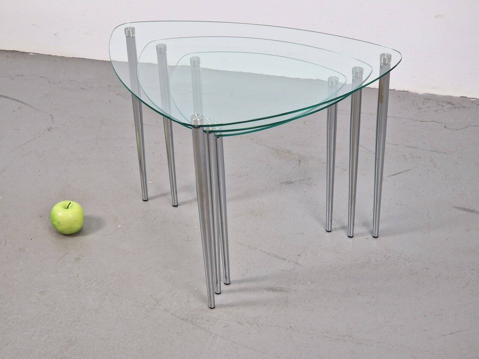 Triangular Nesting Tables in Glass and Metal, 1970s, Set of 3