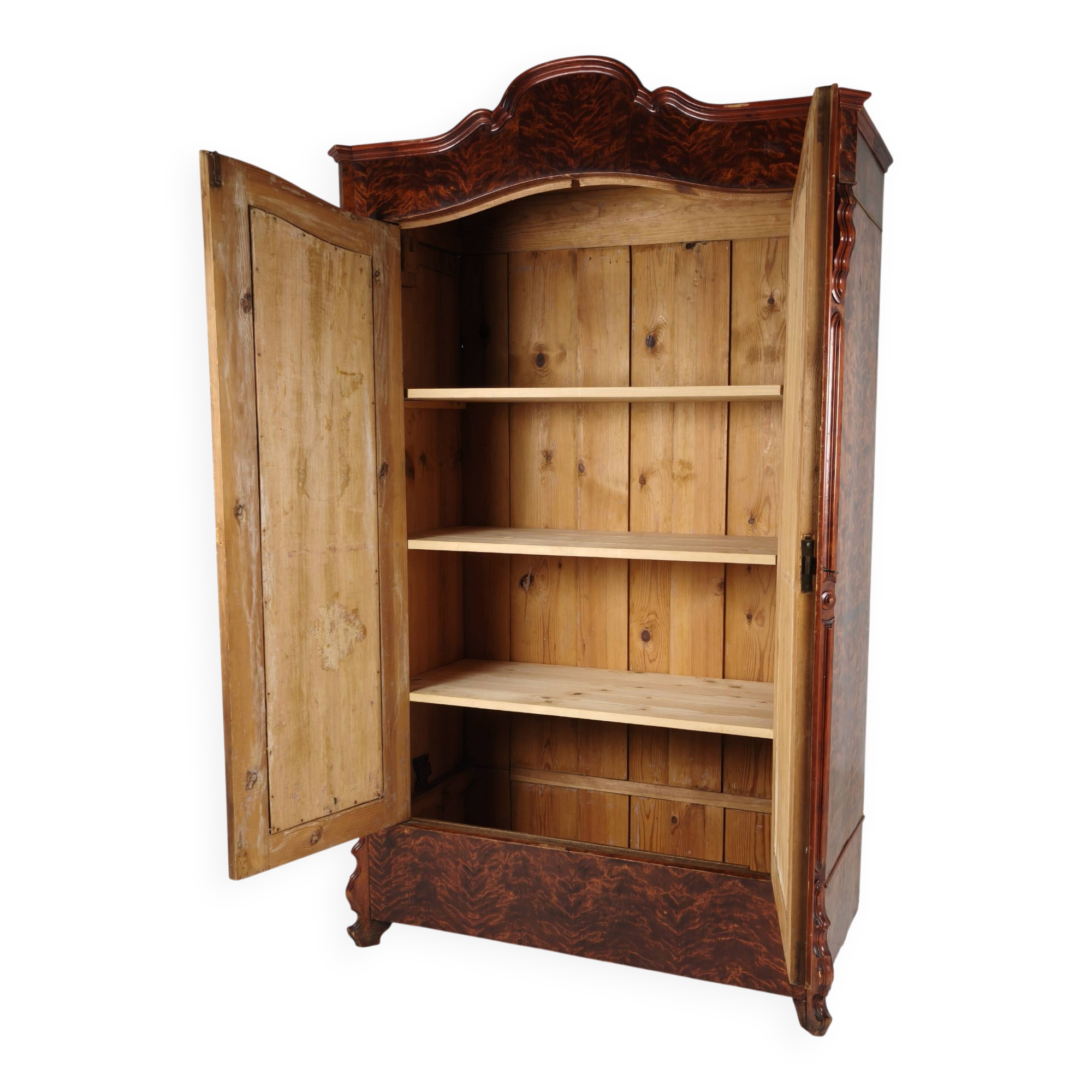 19th Century Pine Linen Cupboard / Wardrobe with Flame Veneer