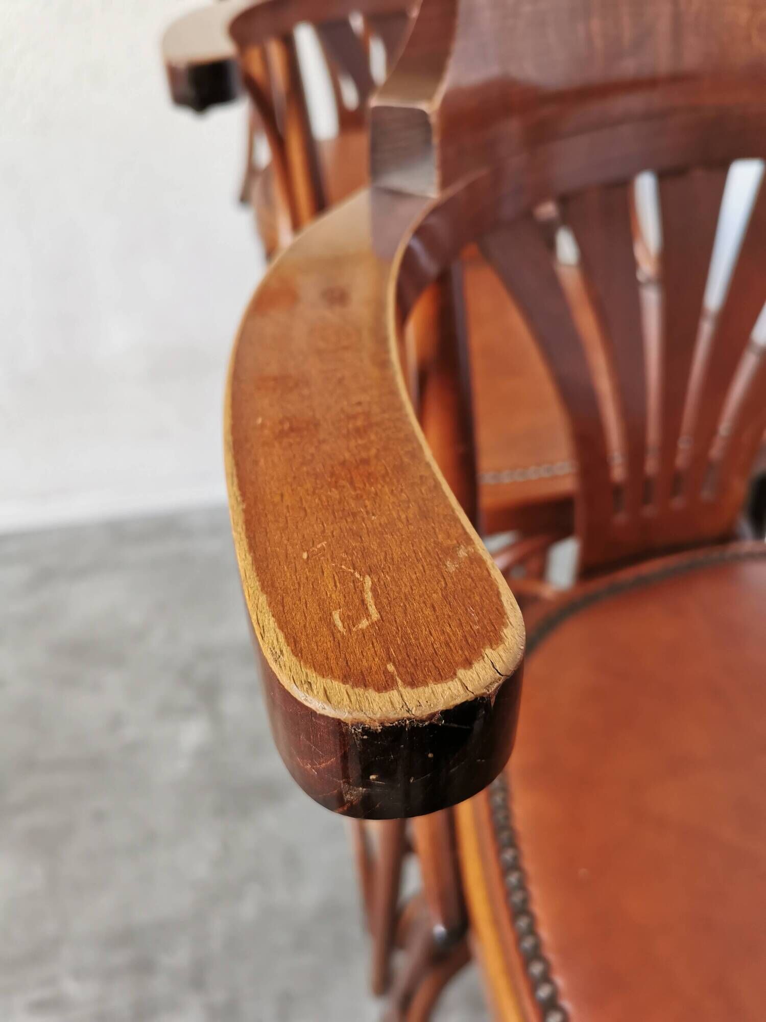Set of 6 Vintage Bentwood Bar Stool Set: Brown Leather Seat, Nailhead Trim
