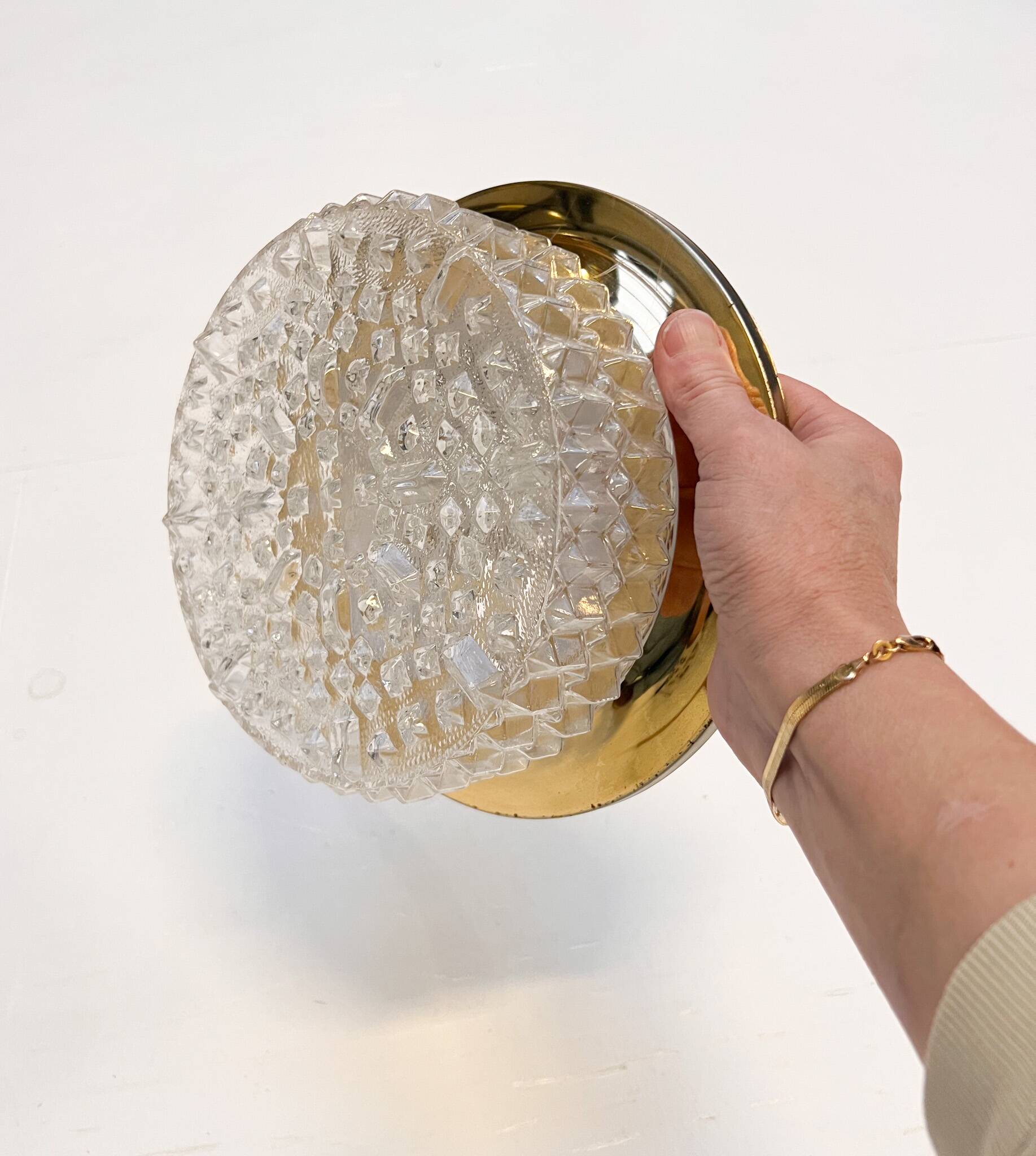 Gold colored glass ceiling or wall lamp in Hollywood style, 1970s