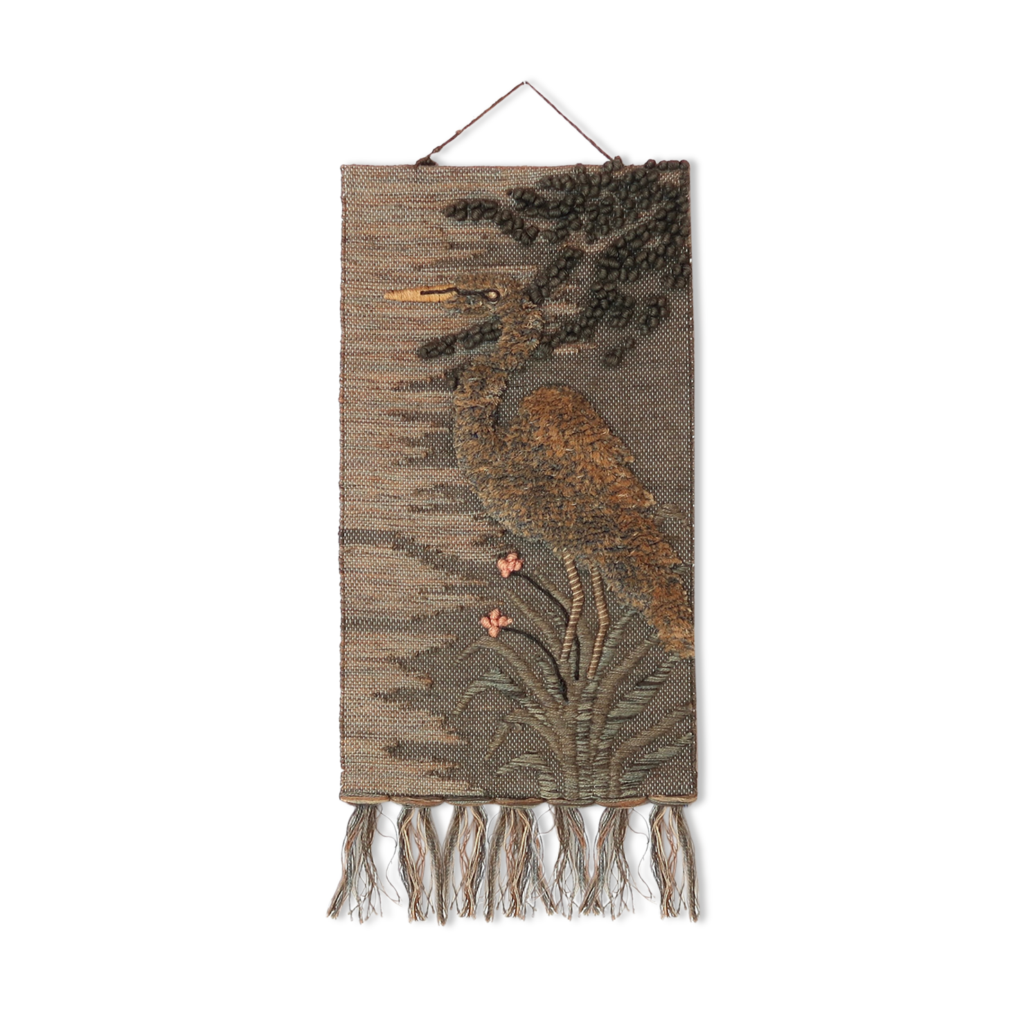 Wall tapestry "heron" in wool with relief, 70s