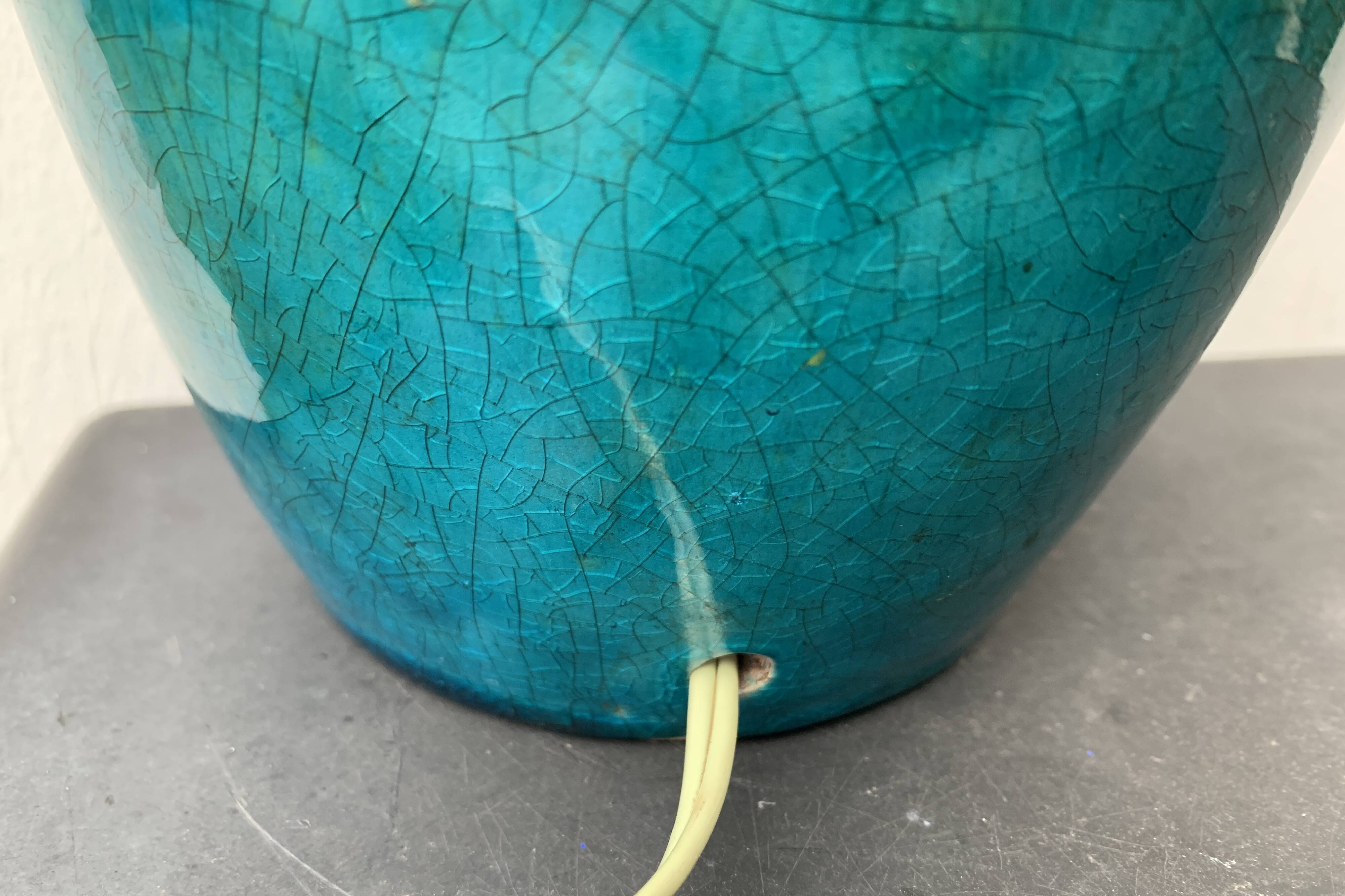 Cracked and signed ceramic ball lamp base, blue-green tones