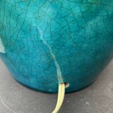 Cracked and signed ceramic ball lamp base, blue-green tones