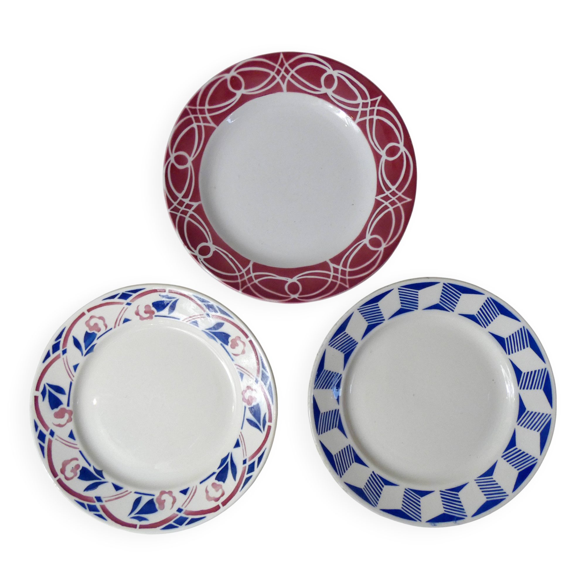 3 old mismatched vintage Badonviller earthenware dinner plates
