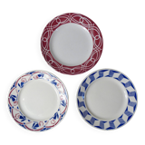 3 anciennes assiettes plates en faïence de Badonviller dépareillées vintage