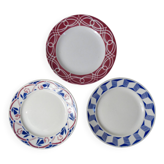 3 old mismatched vintage Badonviller earthenware dinner plates