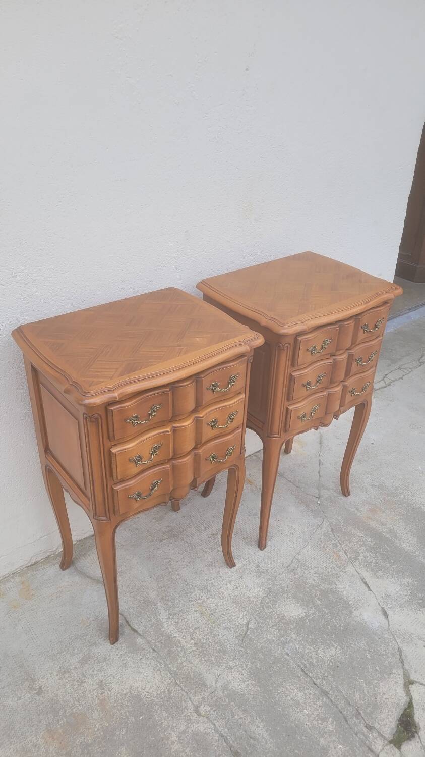 Pair of Louis xv style bedside tables in cherry wood, 3 drawers