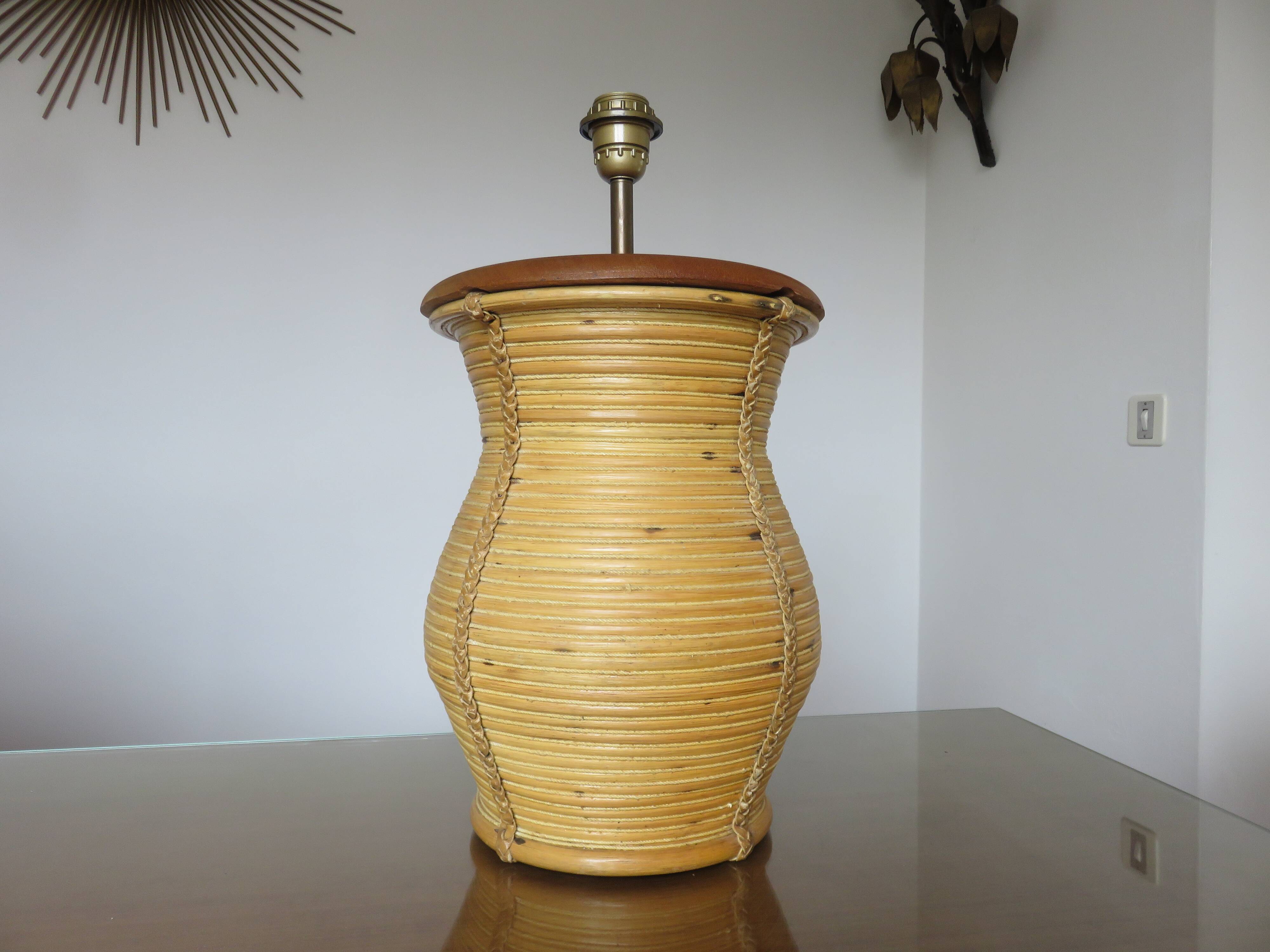 Rattan, leather, rope, and wood lamp in the style of Gabriella Crespi 60-70.