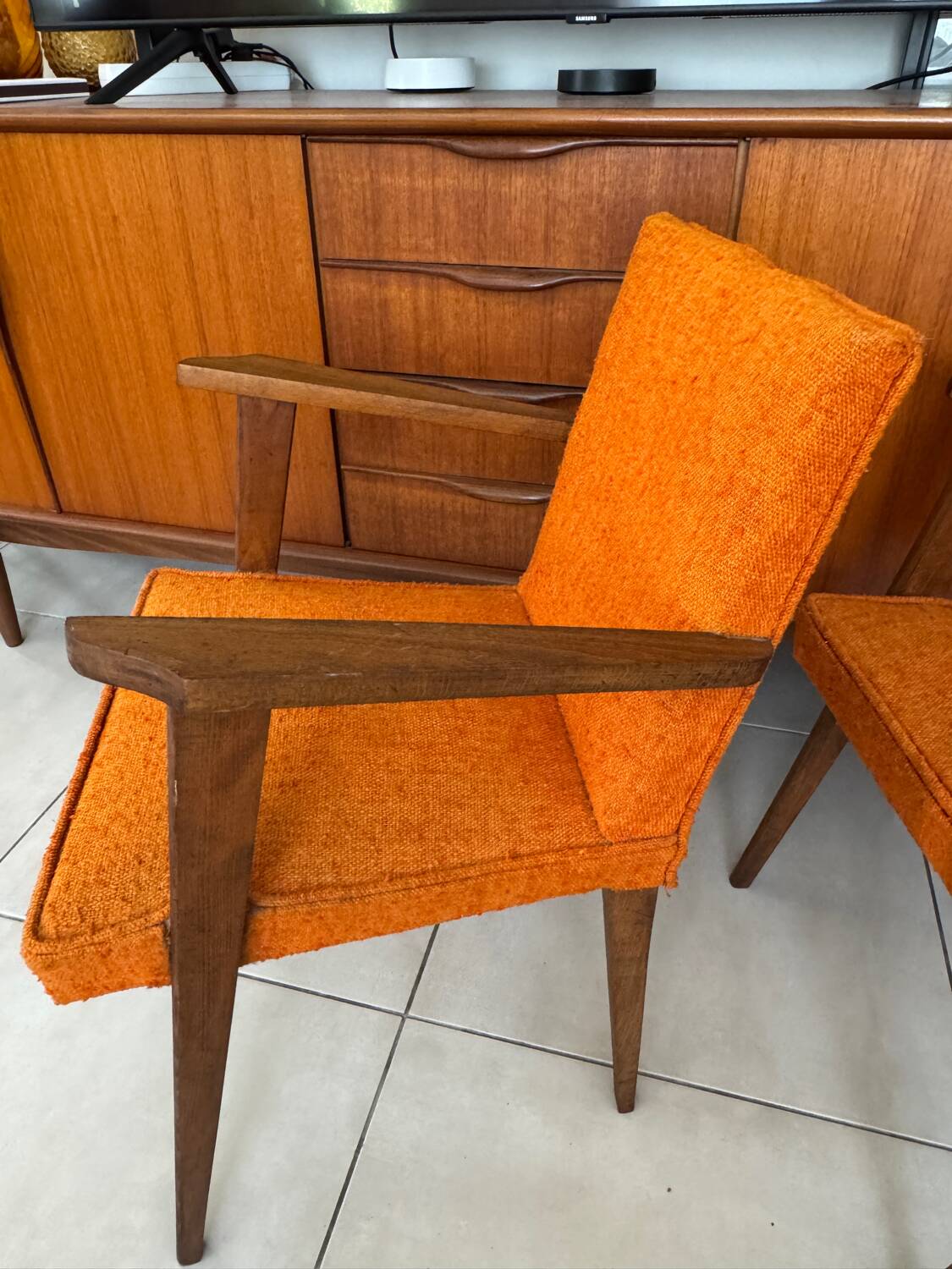 Pair of vintage 60s armchairs in wood and orange bouclé fabric