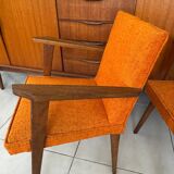 Pair of vintage 60s armchairs in wood and orange bouclé fabric