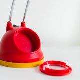 Blue-painted metal shade, chrome articulated arm desk lamp in Memphis-style 80s Pop Art with red base and yellow accents