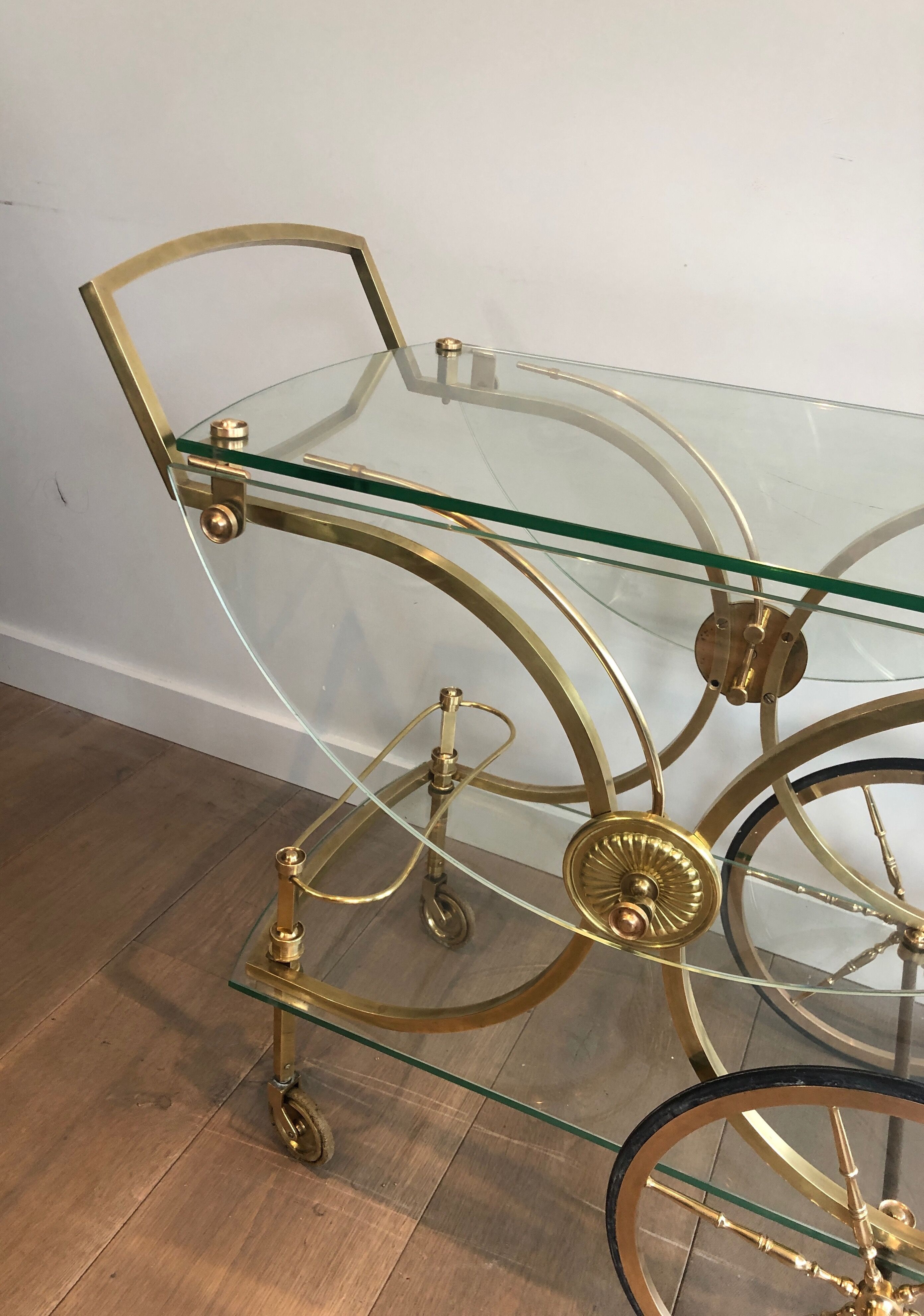 Neo classical style table in silver and gold metal and glass