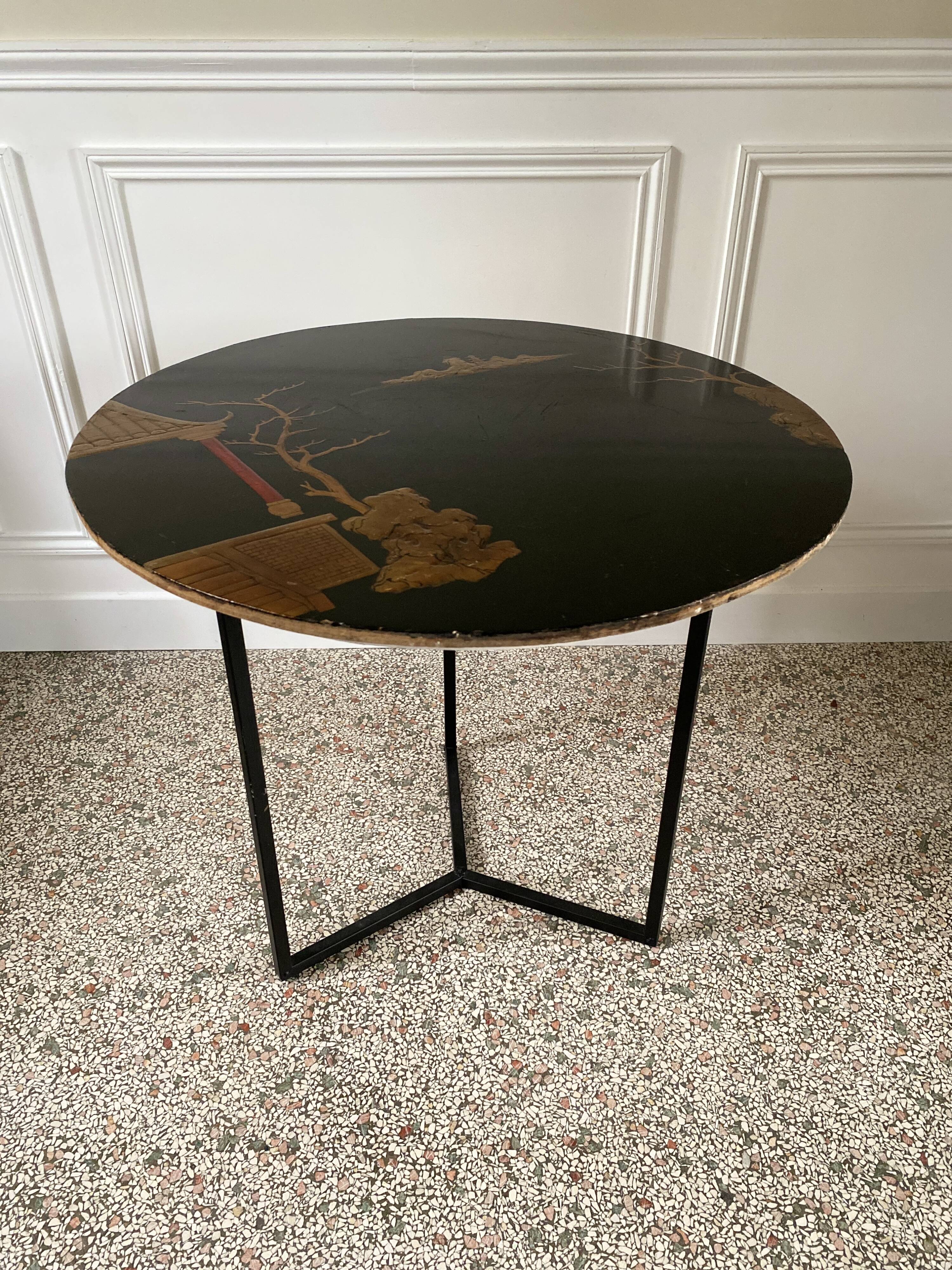 Side table, pedestal living room table, end table, round tray vintage Chinese decor