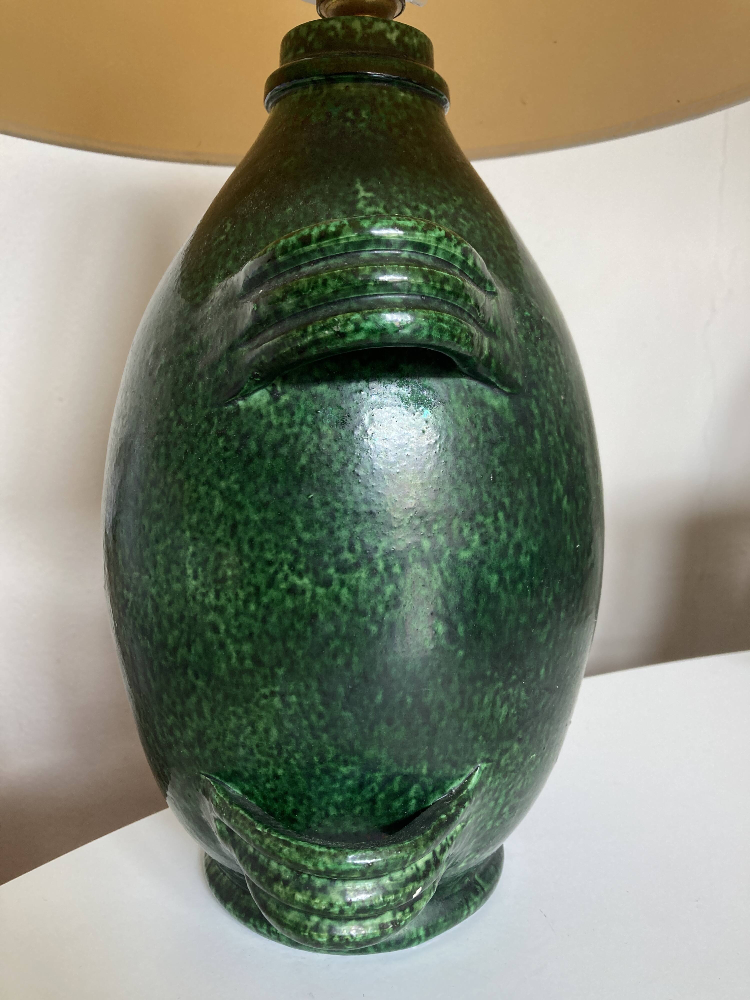 XXL green glazed terracotta lamp by Foucart Jourdan Vallauris 1960