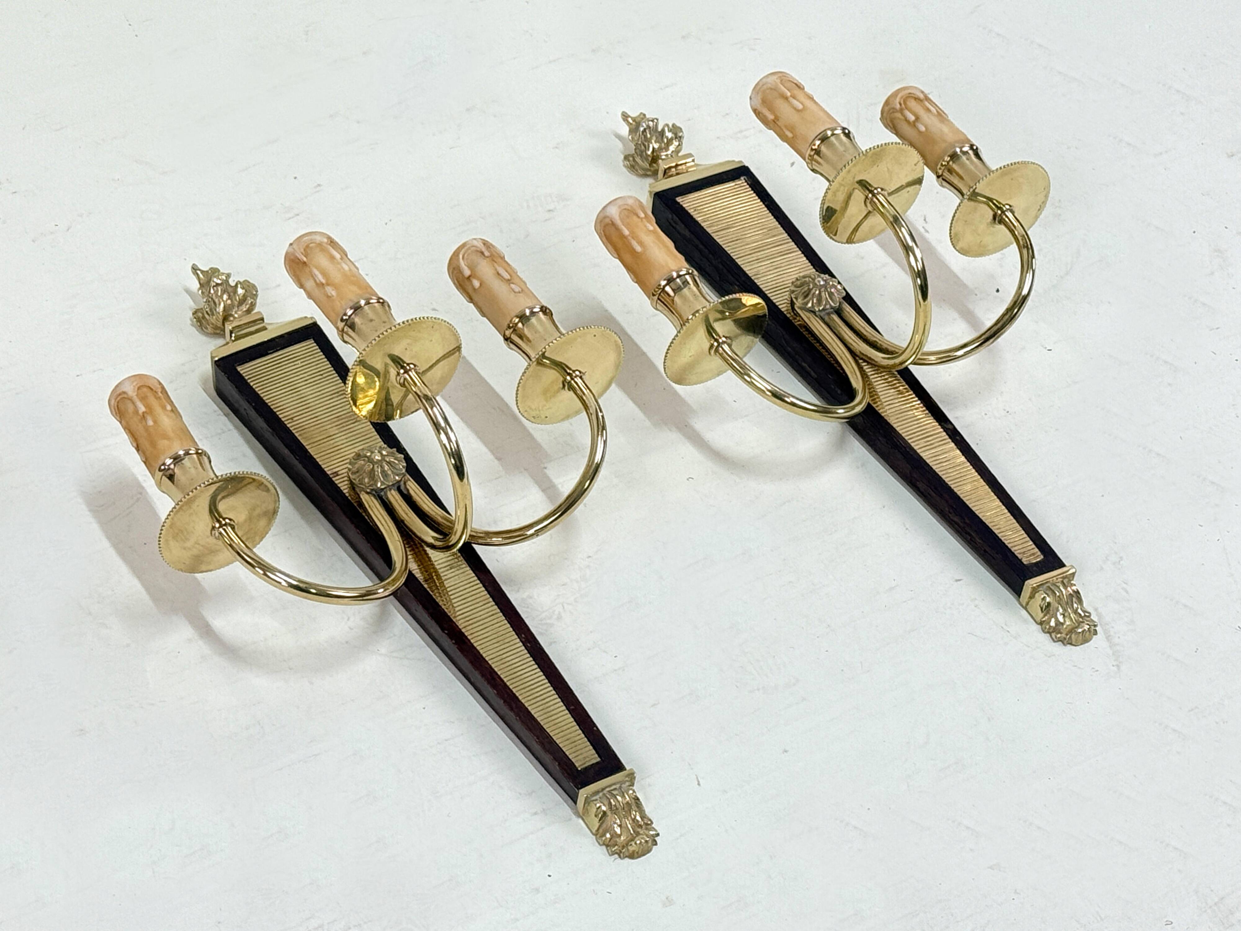 Antique Pair of 3-Light Wall Lights - Gilt Bronze and Mahogany - Neoclassical - 40's