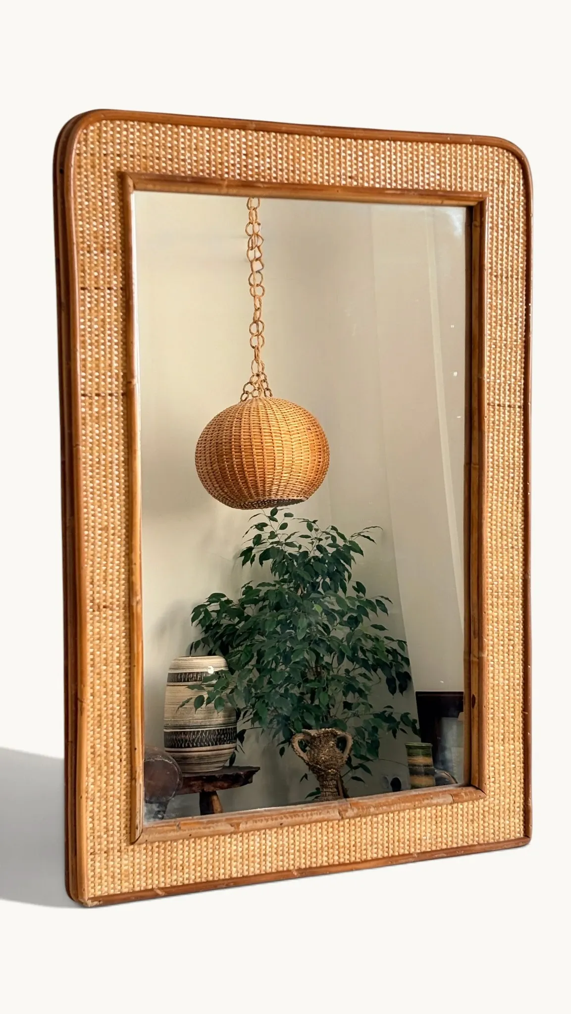 1970s Mid-Century Rattan and Pencil Reed Large Mirror, Spain