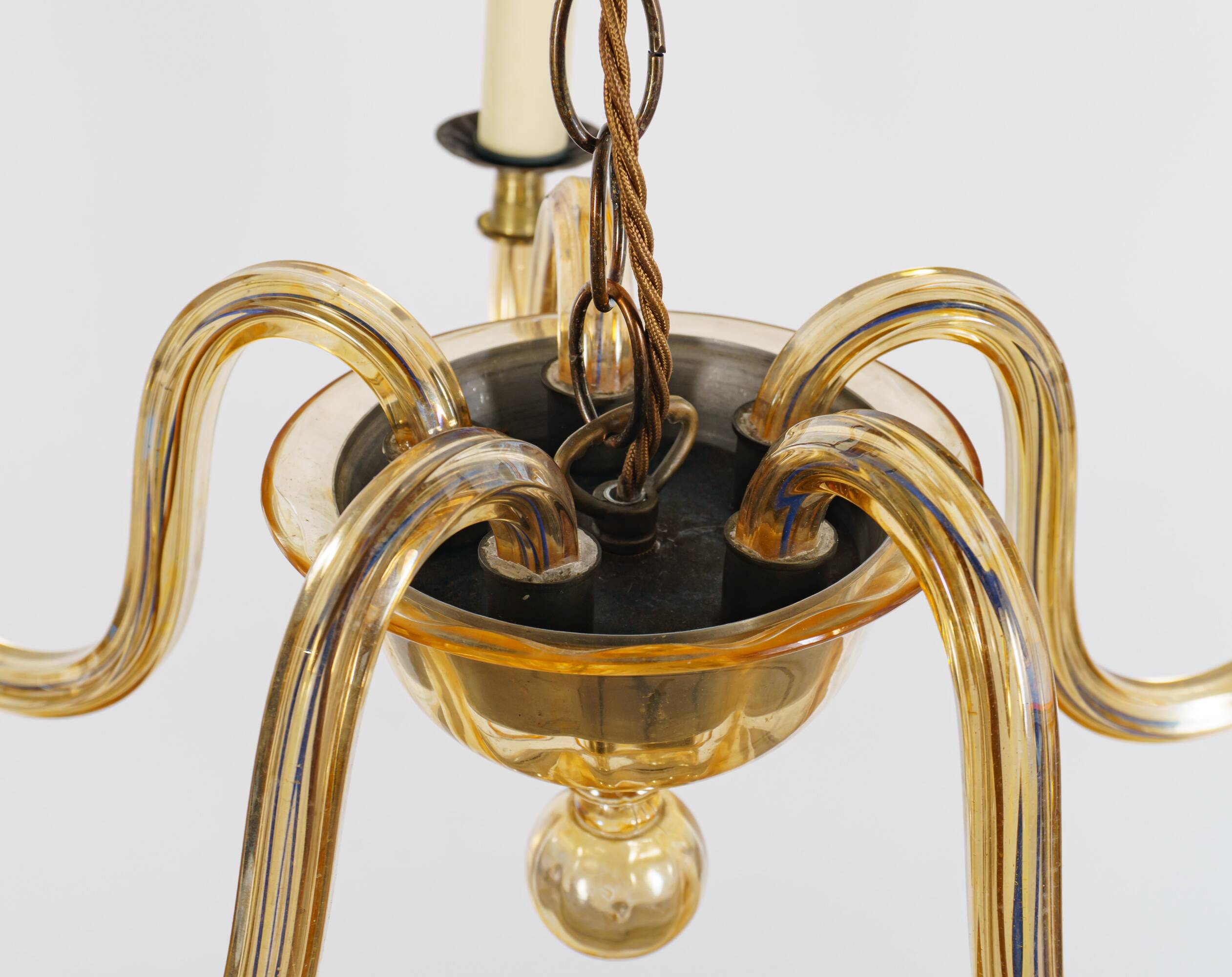 Vintage Murano 5-Arm Ribbed Topaz Glass Chandelier Pendant Lamp