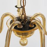 Vintage Murano 5-Arm Ribbed Topaz Glass Chandelier Pendant Lamp