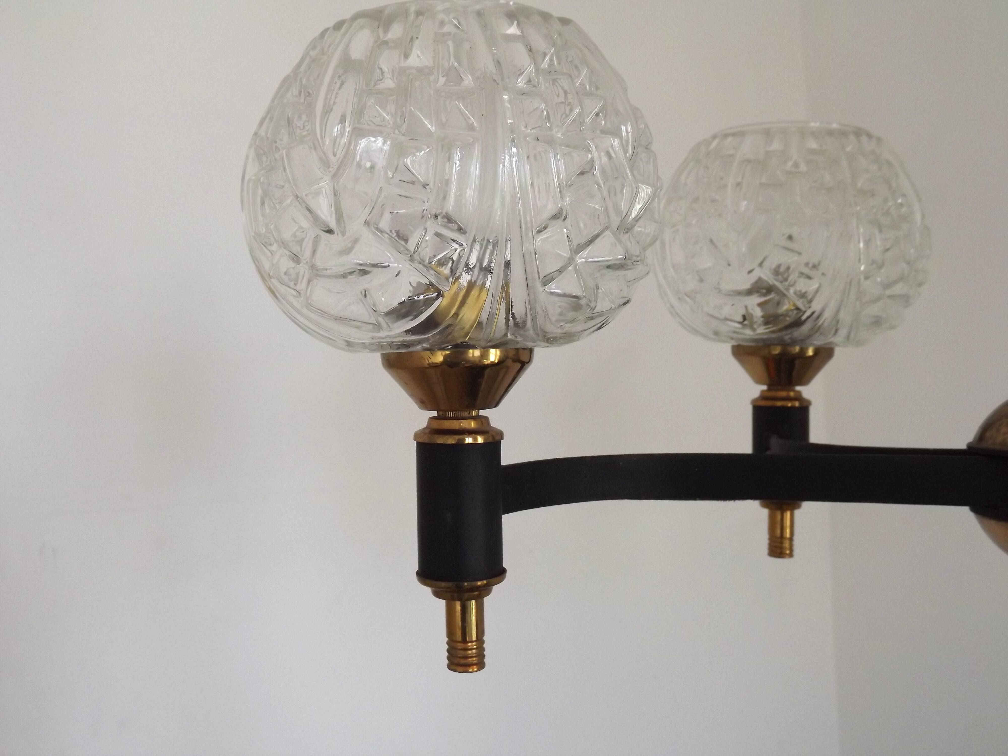 French Vintage Retro Mid Century Black & Gold 4 Arm Chandelier with Glass Shades 5015