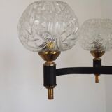 French Vintage Retro Mid Century Black & Gold 4 Arm Chandelier with Glass Shades 5015