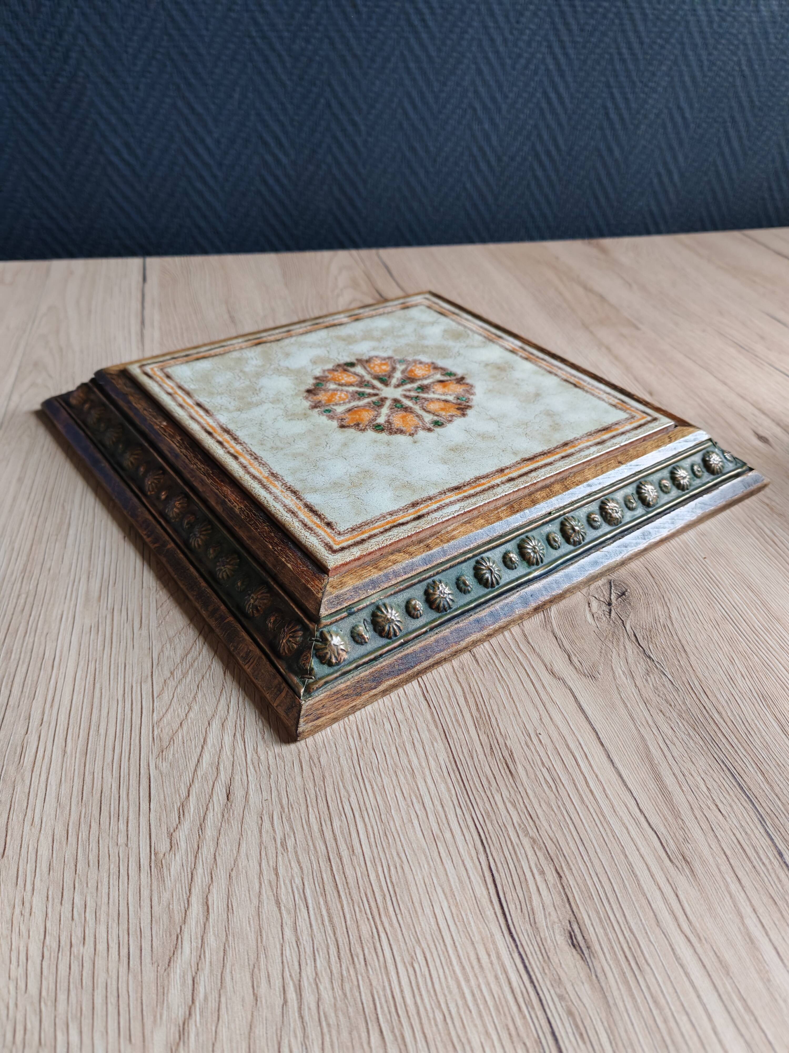 Old Italian Ceramic Trivet and Wooden Frame
