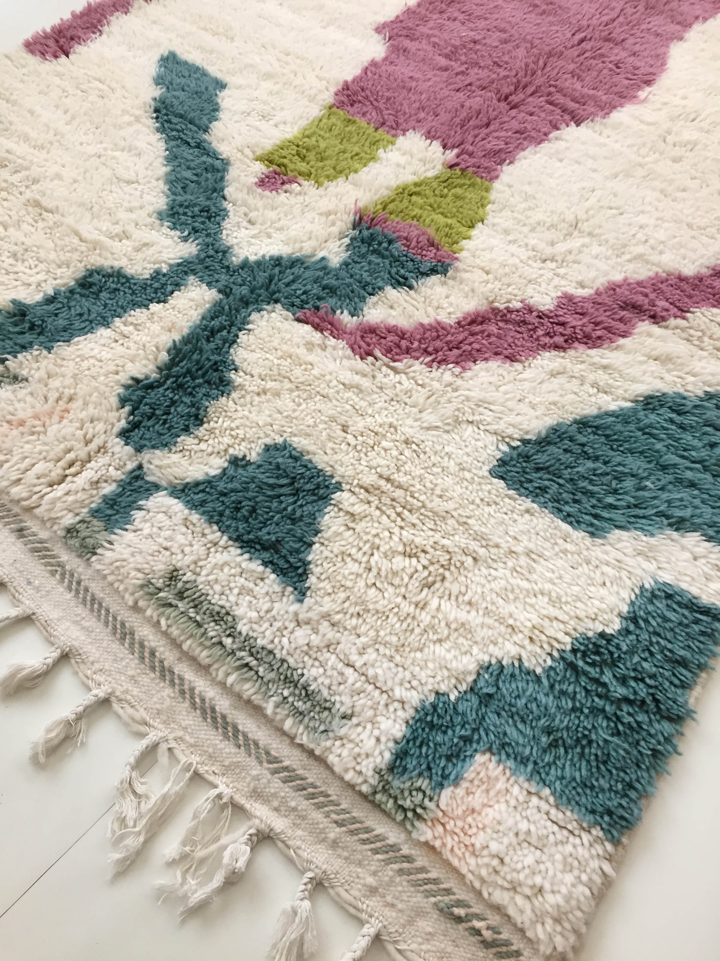 Moroccan Berber carpet Beni Ouarain ecru with colorful patterns 250x146cm