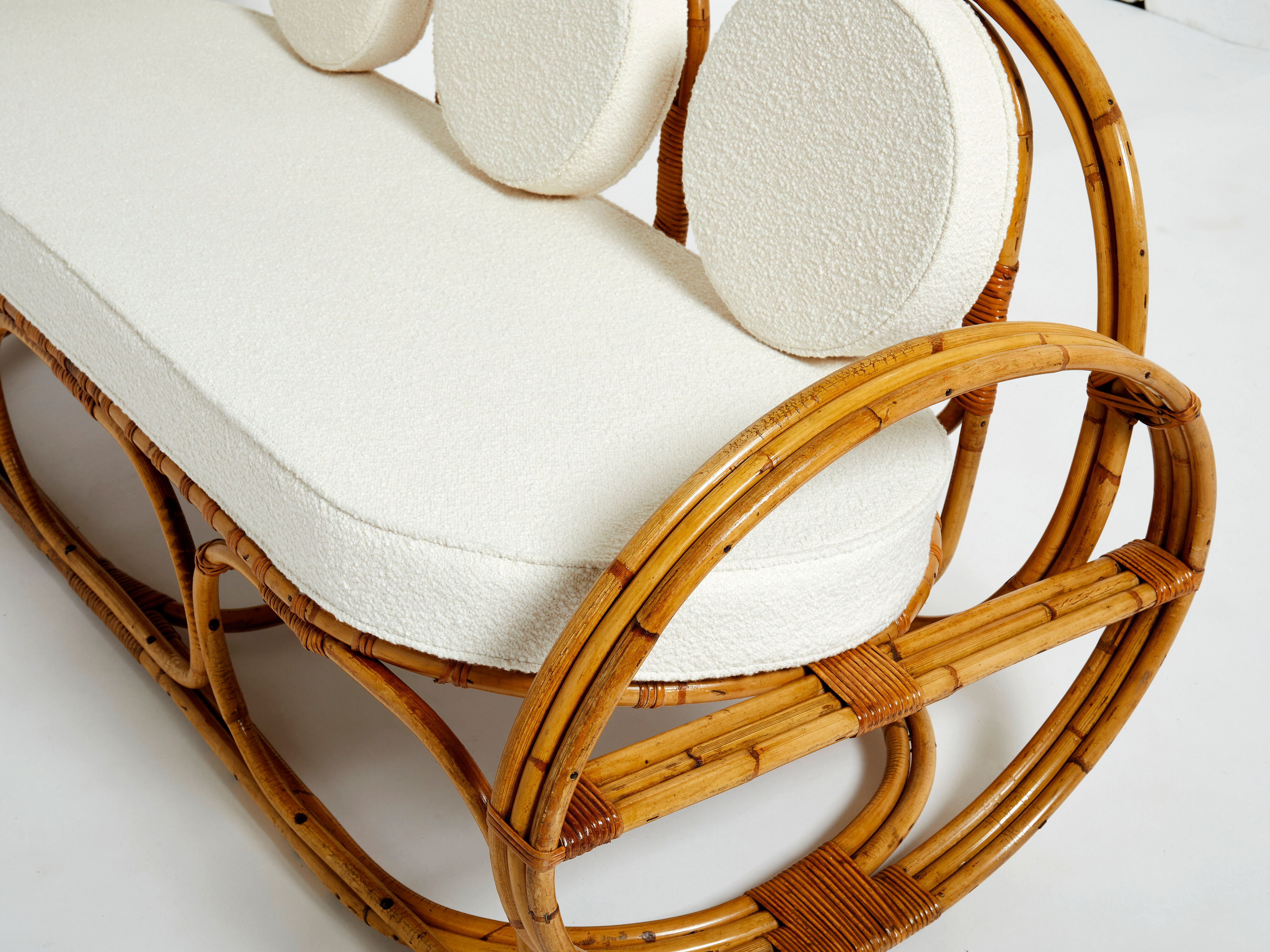 Sofa and italian poufs bamboo curly wool around 1960