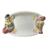 Important Italian earthenware dish, hen and rooster, 20th century