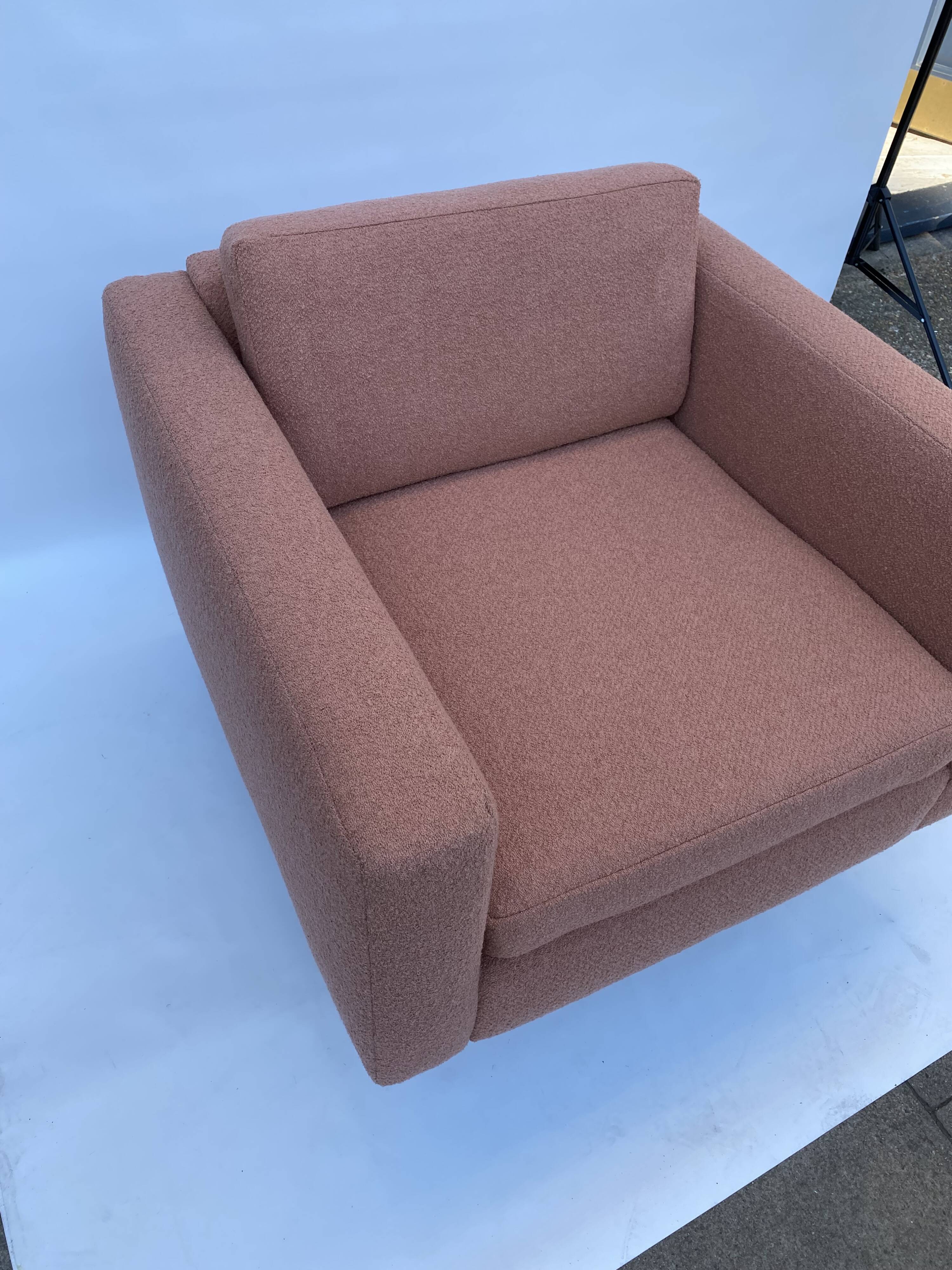 1970s Swivel Cube Armchair Chrome Peach Boucle Vintage Midcentury