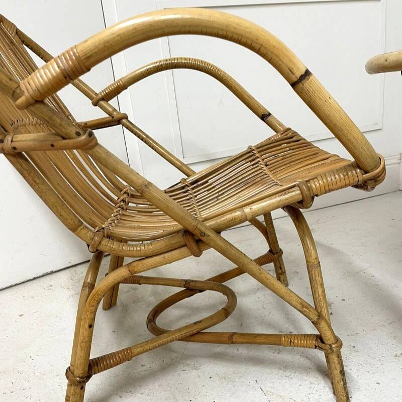 Audoux-Minnet rattan lounge set, 2 armchairs and table 1950-1960