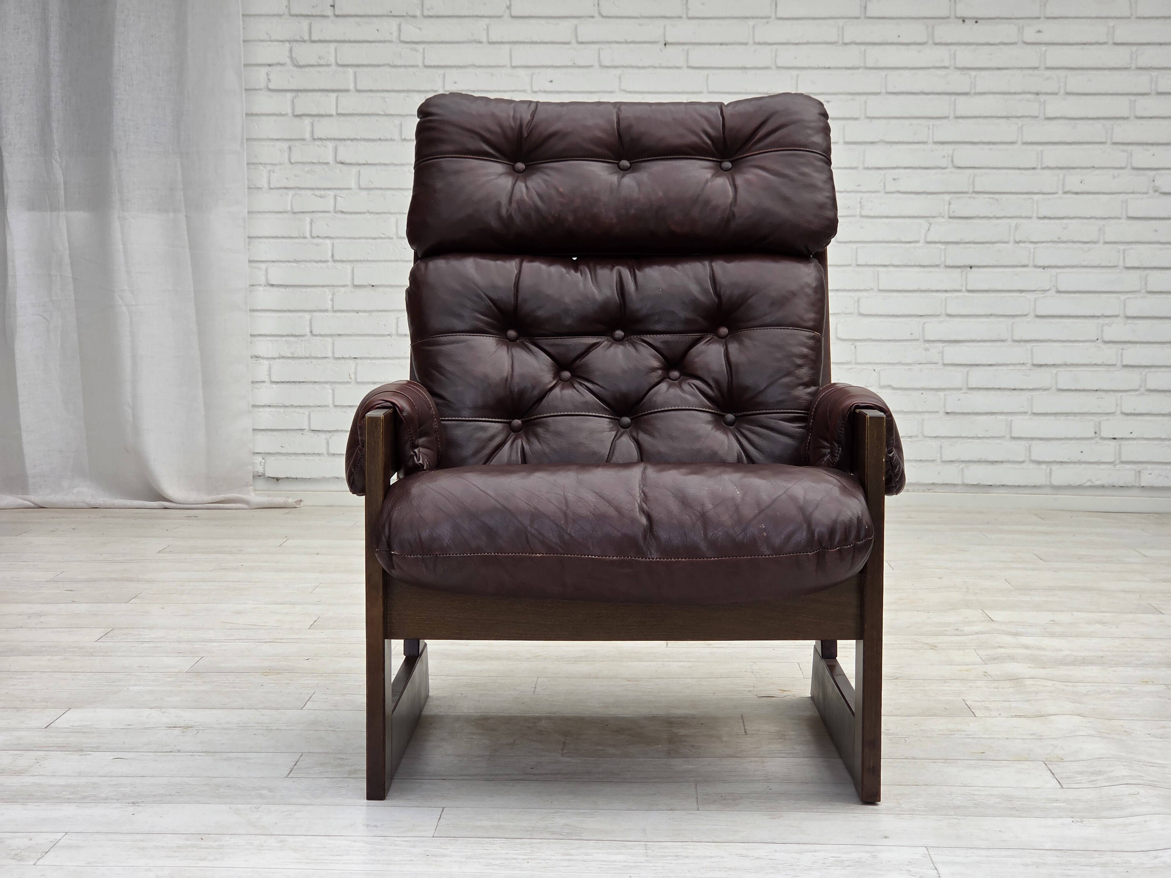 1970s, Scandinavian highback armchair, brown furniture leather, dark beech.