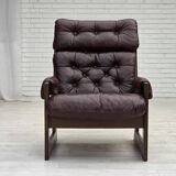 1970s, Scandinavian highback armchair, brown furniture leather, dark beech.