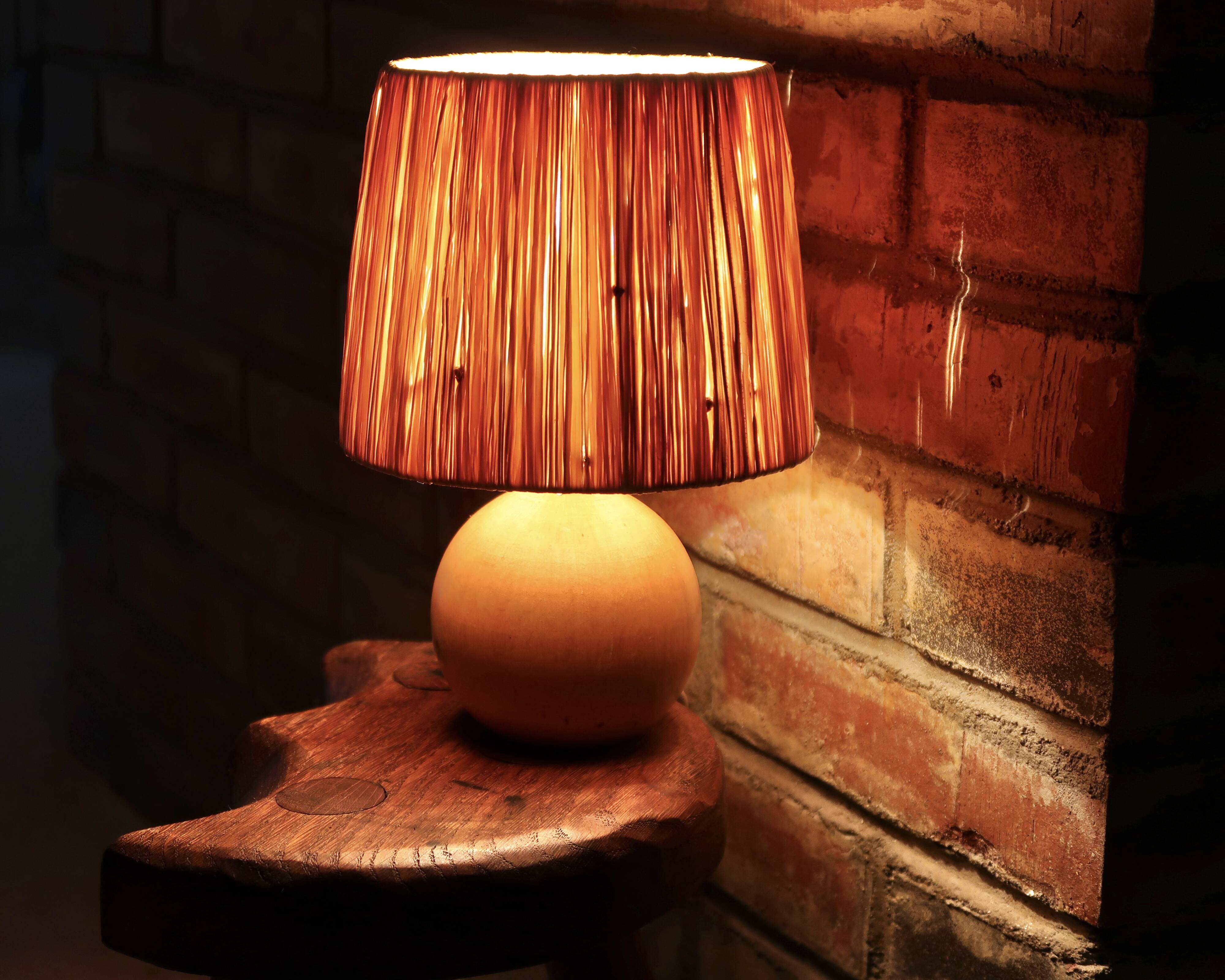 Small ball lamp in light wood, raffia lampshade, 1990s