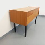 Vintage teak and black metal storage unit / chest on legs from the 70s