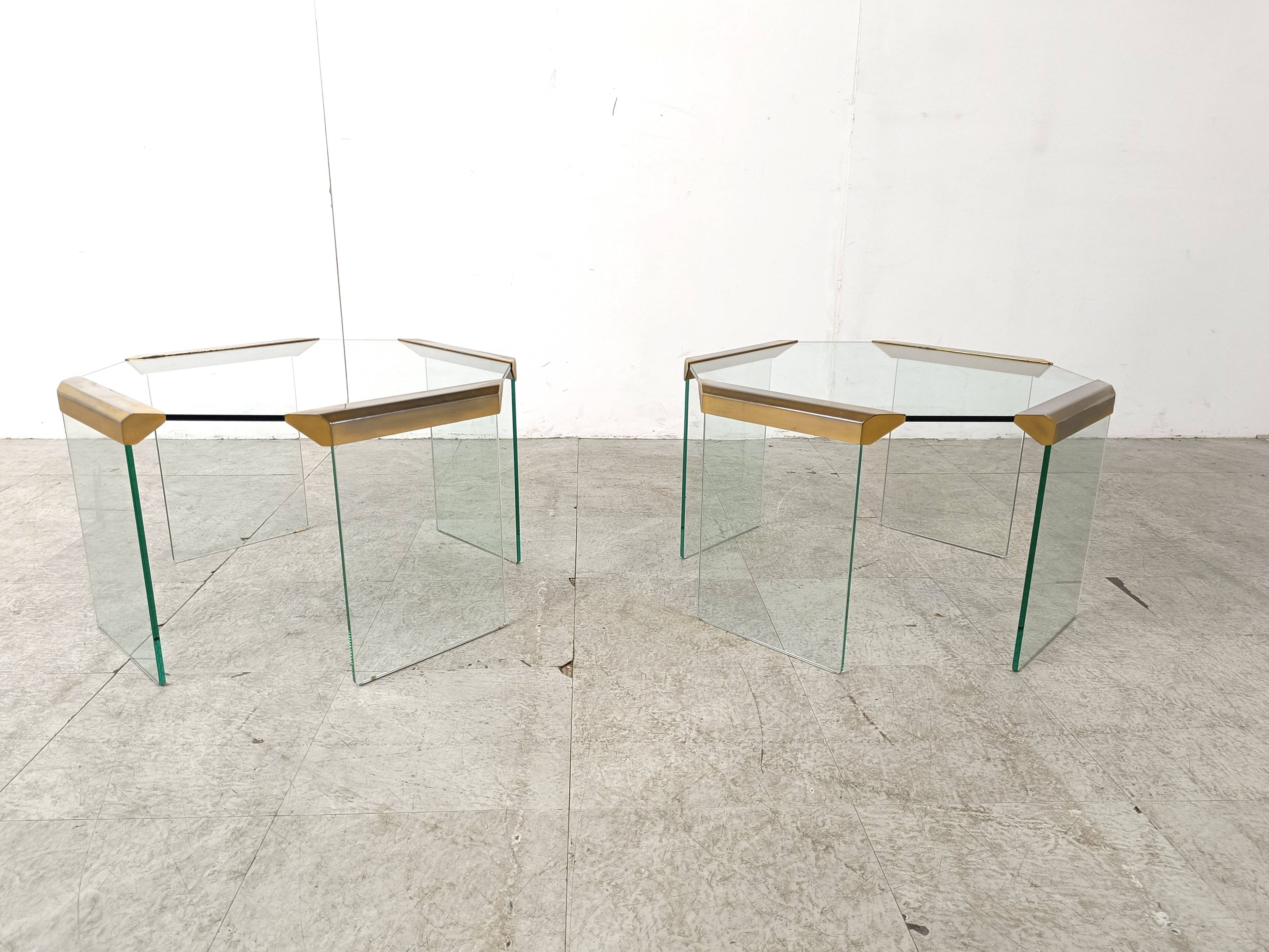 Pair of vintage brass and glass side tables,  1970s