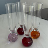 Set of 4 vintage champagne flutes – coloured ball foot – blown glass