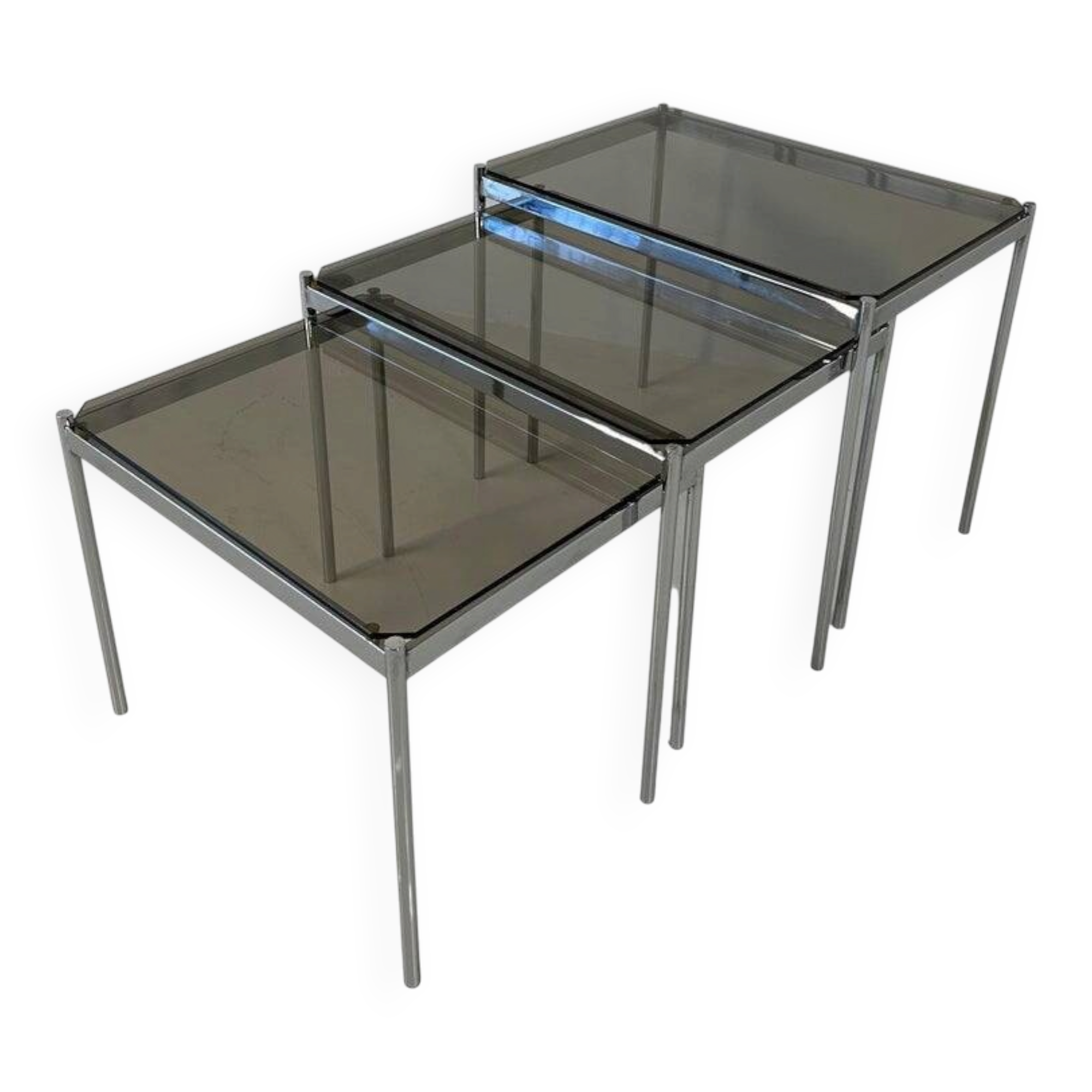 Italian Midcentury Set of Three Chromed Metal Glass Stackable Tray Tables,