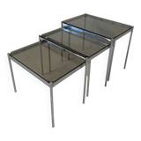 Italian Midcentury Set of Three Chromed Metal Glass Stackable Tray Tables,