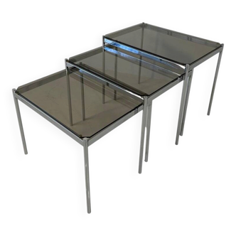 Italian Midcentury Set of Three Chromed Metal Glass Stackable Tray Tables,